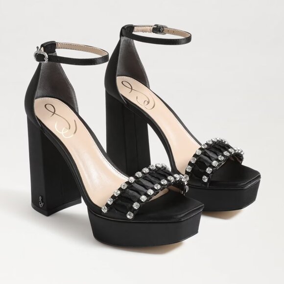 NIB Sam Edelman Ninette Platform Heels Size 10 M Black Satin Rhinestone Strappy